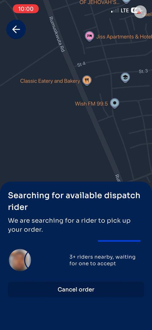 DiveDispatch app searching for nearby dispatch riders on a map